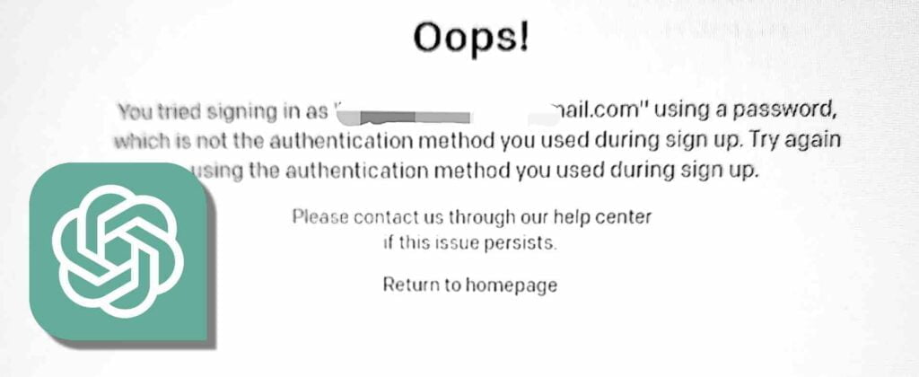 Errore - Non il metodo di autenticazione utilizzato durante la registrazione - ChatGPT Error